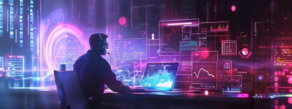 a business owner confidently using ai-driven seo tools on a sleek laptop, surrounded by futuristic digital interfaces and graphs illustrating online visibility growth.