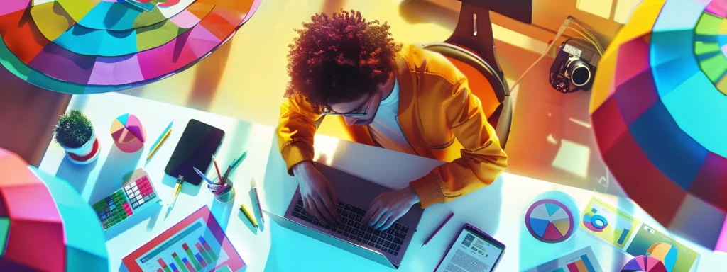 a busy freelancer hunched over a laptop, surrounded by colorful seo tools and charts, typing away with focused determination.