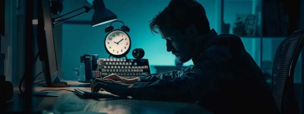 a determined individual typing at a desk with a calendar and clock in front, symbolizing the strategic timing and goal-setting of seo.