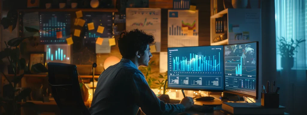 a freelancer sits at a sleek desk, analyzing colorful graphs and charts on their computer screen, surrounded by sticky notes labeled with high-value keywords.