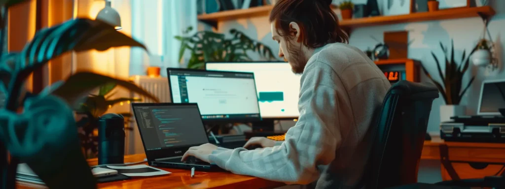 a freelancer typing engaging seo-friendly content on a sleek laptop screen, surrounded by tools like mailchimp and pdf files, with search engine logos in the background.