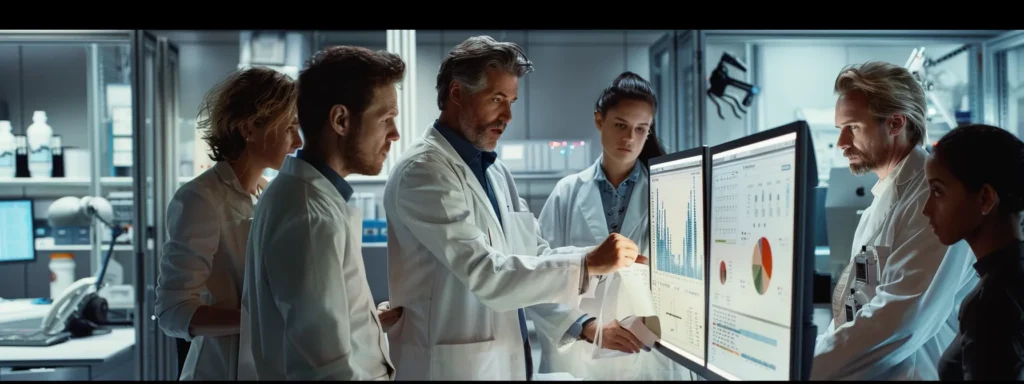 a group of professionals gathered around a computer screen, studying graphs and data, with a sense of focus and determination.