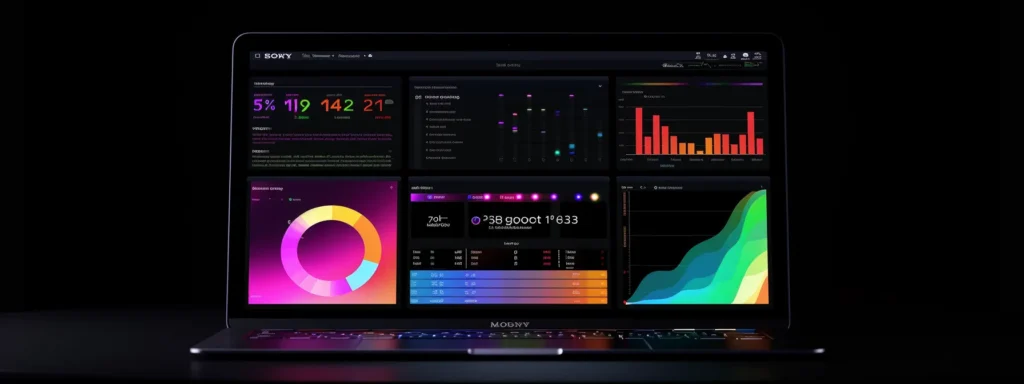 a laptop displaying a website performance dashboard with colorful graphs and charts, showcasing progress towards seo goals.