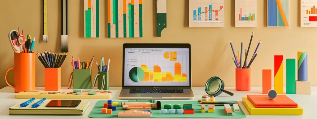 a laptop screen displaying a variety of colorful graphs and charts, surrounded by an assortment of tools like magnifying glasses and pencils on a clean desk.