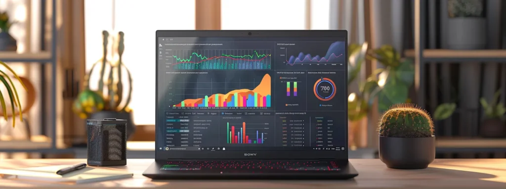 a laptop screen displaying google analytics and bing webmaster tools with colorful graphs and detailed user behavior metrics.