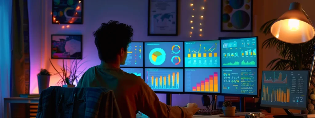 a person intensely analyzing a digital dashboard filled with colorful data visualizations, highlighting the process of tracking and refining seo strategies.