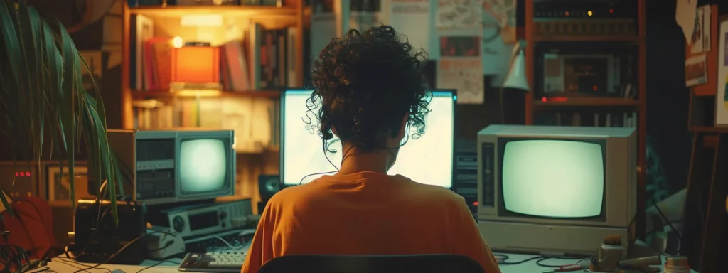 a person sitting at a computer, surrounded by ai technology, analyzing seo data with a focused expression.