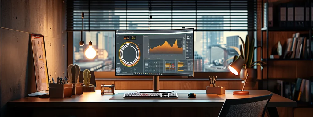 a sleek, futuristic office desk with a computer screen displaying ai analytics software, surrounded by charts and graphs, showcasing the streamlined seo workflow process.