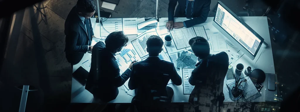 a team of professionals huddled around a computer screen, analyzing complex data charts and graphs to fine-tune their seo strategies.