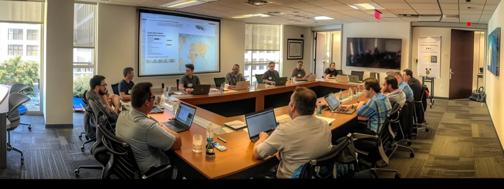 an in-house seo team strategizing around a large conference table, analyzing backlink profiles and brainstorming ways to optimize brand visibility in search results.