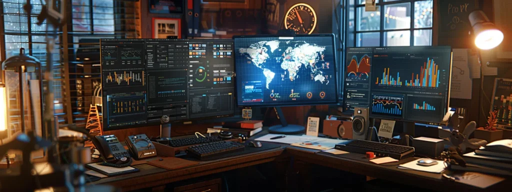 an office desk with a computer screen displaying real-time seo analytics and automated reports, surrounded by various devices and paperwork.