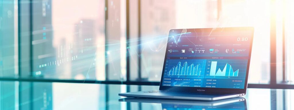 a sleek, modern office workspace featuring an open laptop displaying the go high level crm software dashboard, bathed in soft, natural light filtering through large windows, symbolizing comprehensive business automation and efficiency.