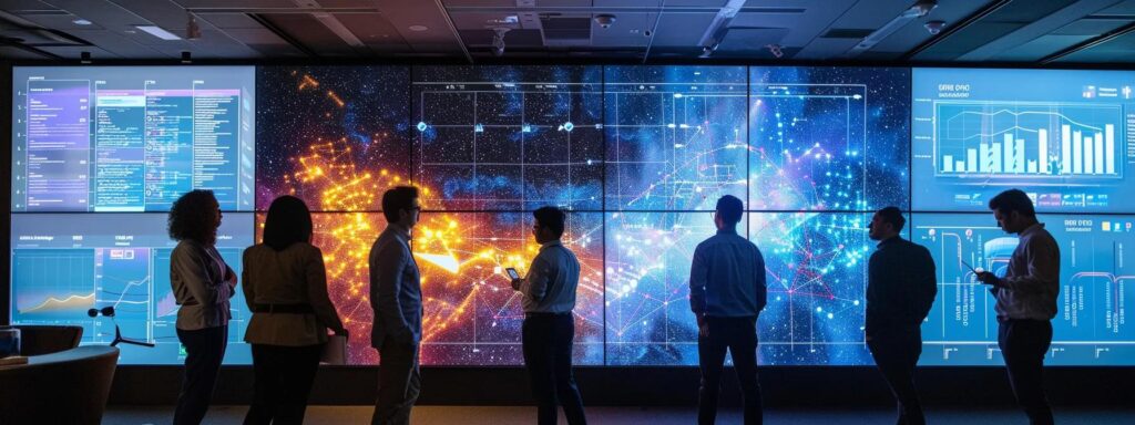 a dynamic boardroom scene captures a diverse group of professionals collaborating enthusiastically around a digital display, strategically addressing the complexities of voice seo implementation amid a backdrop of charts and data visualization.