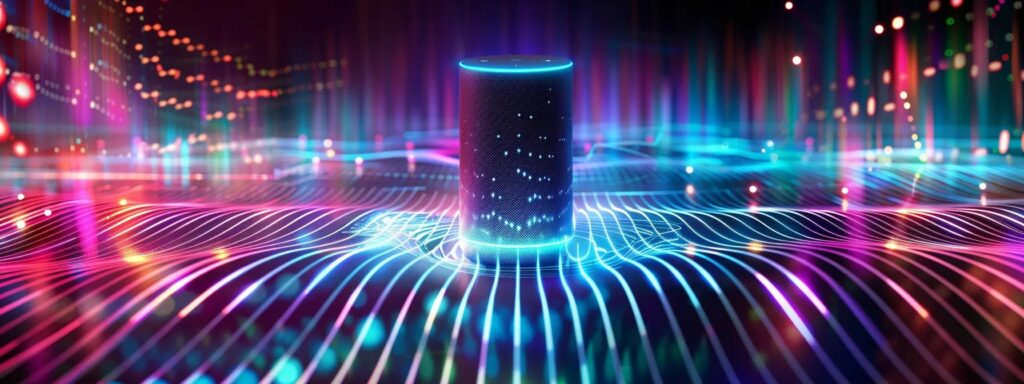 a dynamic close-up of a modern voice assistant device surrounded by vibrant sound waves and digital icons, symbolizing the integration of voice search technology in effective marketing strategies.