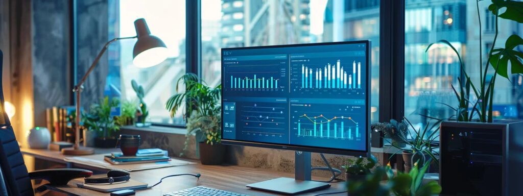 a dynamic, modern workspace featuring a sleek computer monitor displaying vibrant analytics and voice search data, illuminated by soft, natural light filtering through large windows, symbolizing the evolution of digital marketing strategies.