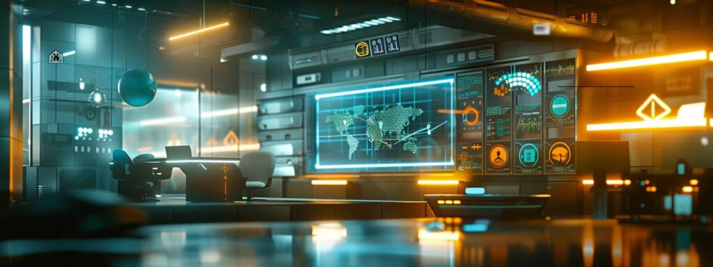 a dynamic scene depicting a modern office with a glowing computer screen, showcasing vibrant graphs and keyword icons, symbolizing the impact of voice search optimization on digital marketing performance.