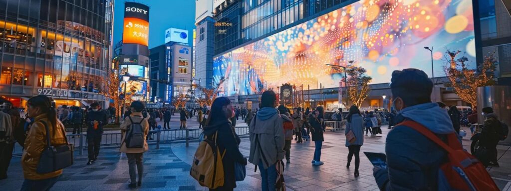 a futuristic cityscape at dusk, illuminated by vibrant digital displays, showcases diverse groups of people engaging with advanced voice technology, reflecting the dynamic evolution of voice seo and its impact on daily life.
