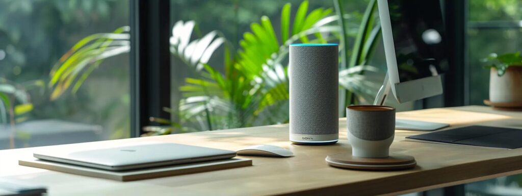 a modern workspace featuring a sleek smart speaker on a minimalist desk, illuminated by soft natural light, symbolizes the growing significance of voice search in enhancing digital accessibility and user engagement.