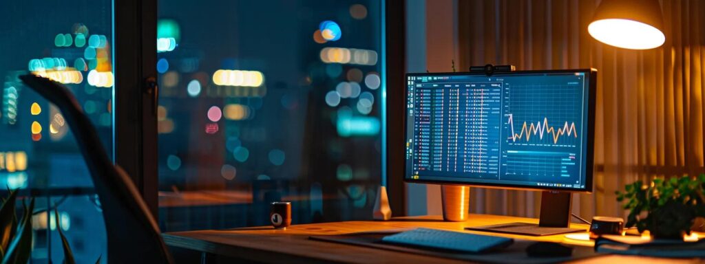 a modern workspace illuminated by soft, ambient light showcases a sleek computer monitor displaying vibrant voice seo analytics, emphasizing data trends and digital performance improvements.