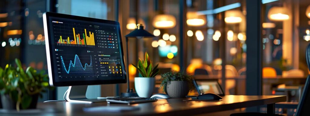 a sleek, modern workspace featuring a high-tech computer displaying voice search optimization analytics, illuminated by warm ambient lighting, exuding an atmosphere of innovation and efficiency.