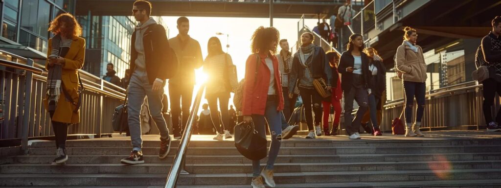 a vibrant and dynamic scene depicting a diverse group of people confidently interacting with voice-activated devices in a modern urban setting, highlighting the seamless integration of technology in everyday life.