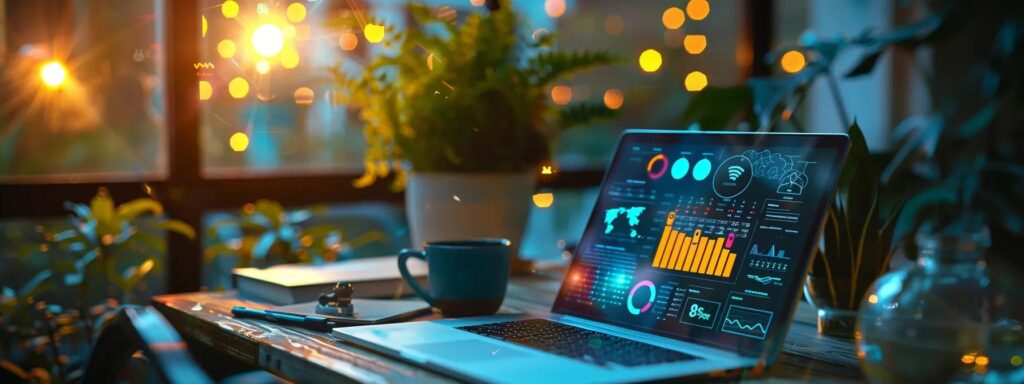 a vibrant digital workspace illuminated by soft, natural light showcases a sleek laptop with an open content optimization platform, surrounded by visually engaging infographics illustrating voice search strategies and keyword integration.