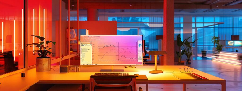 a vibrant digital workspace showcases a modern office with a sleek monitor displaying voice search optimization analytics, illuminated by warm ambient lighting that highlights the importance of adapting to conversational search trends.