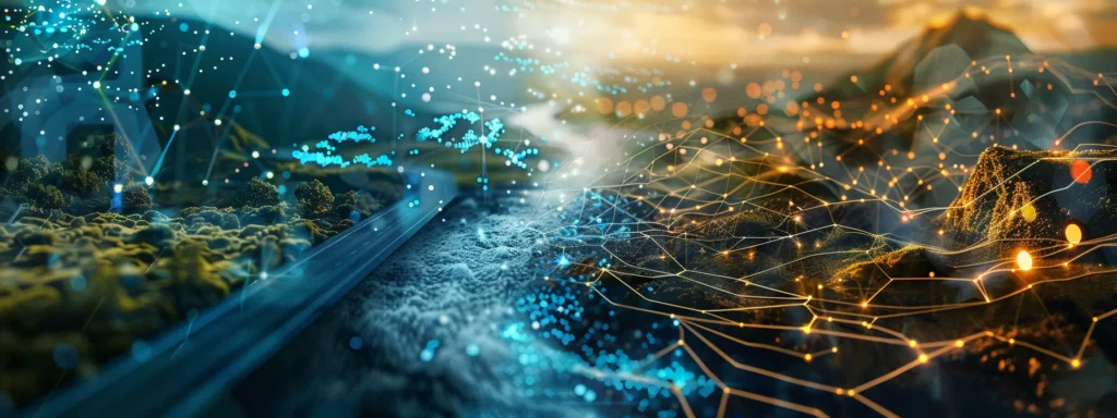 a visually captivating scene showcasing the contrasting landscapes of aeo and seo, with one side filled with vibrant, interconnected ecosystems symbolizing collaboration, and the other side representing a structured, linear grid of pathways illustrating methodical search engine strategies, all bathed in dramatic lighting to enhance the thematic differences.