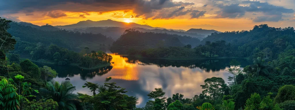 a breathtaking landscape captures the vibrant hues of a serene sunset reflecting over a tranquil lake, framed by majestic mountains and lush greenery.