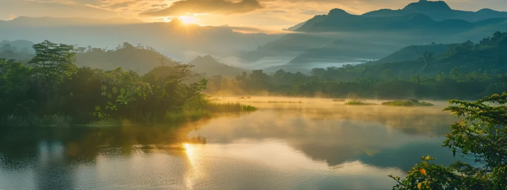 a breathtaking sunrise casts golden light over a tranquil lake, where mist gently rises from the water, surrounded by lush green forests and majestic mountains in the distance.
