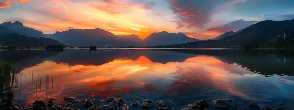 a breathtaking sunrise casts vibrant hues of orange and pink across a tranquil lake, surrounded by majestic mountains reflecting in the still water, capturing the essence of nature's serene beauty.
