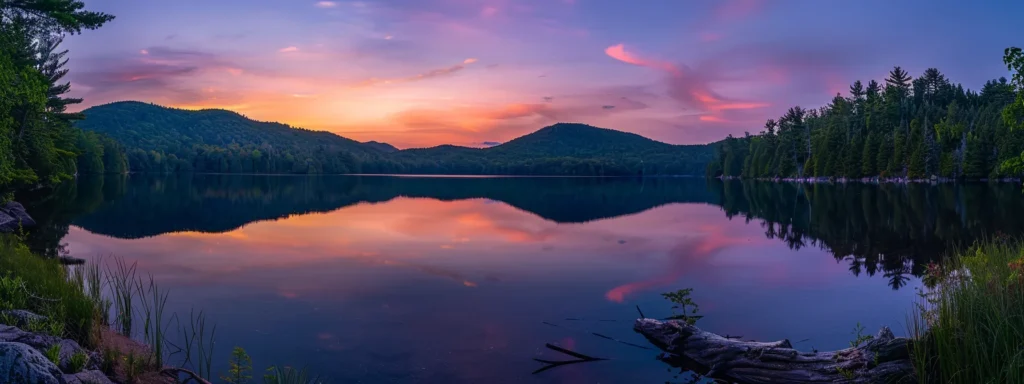 a breathtaking sunset casts vibrant shades of orange and purple over a tranquil lake, reflecting the natural beauty of the surrounding mountains in pristine clarity.
