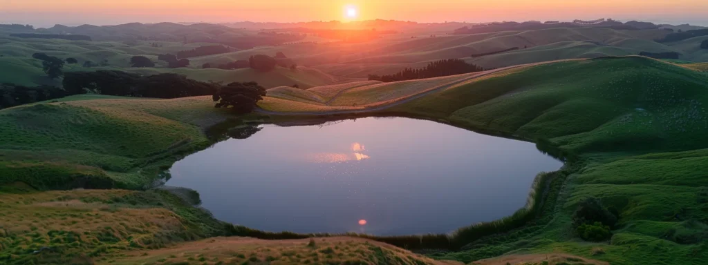 a breathtaking sunset casts a warm golden glow over a tranquil lake, reflecting vibrant hues of orange and pink in the still water, surrounded by lush green hills.