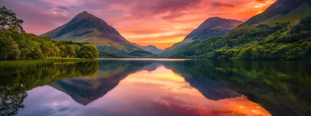 a breathtaking sunset casts a warm glow over a tranquil lake, surrounded by lush mountains reflecting on the water’s surface in shimmering hues of orange and purple.
