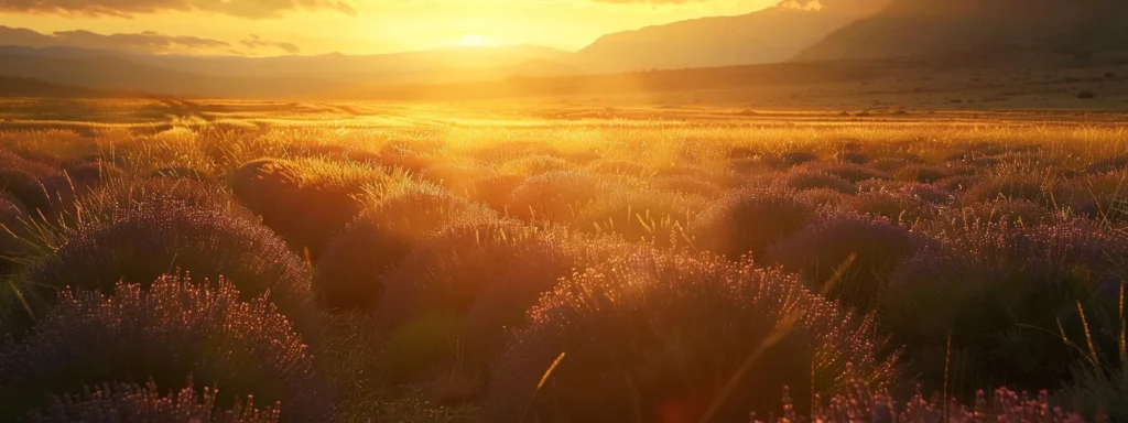 a breathtaking sunset casts a warm golden glow over expansive lavender fields, creating a serene and dreamy atmosphere that captivates all who behold it.