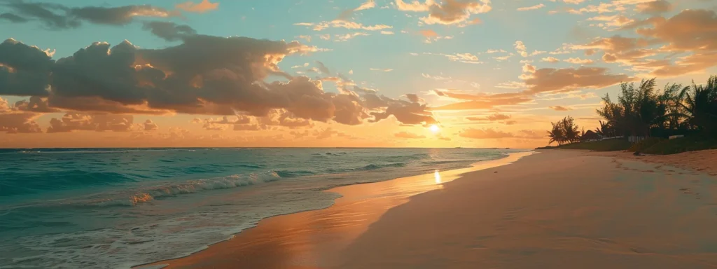 a breathtaking sunset casts vibrant hues of orange and pink over a tranquil beach, where gentle waves caress the golden sand, creating a serene atmosphere of natural beauty.
