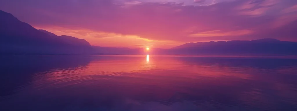 a breathtaking sunset casts vibrant hues of orange and purple over a tranquil lake, reflecting the serene beauty of nature and evoking a sense of peace.