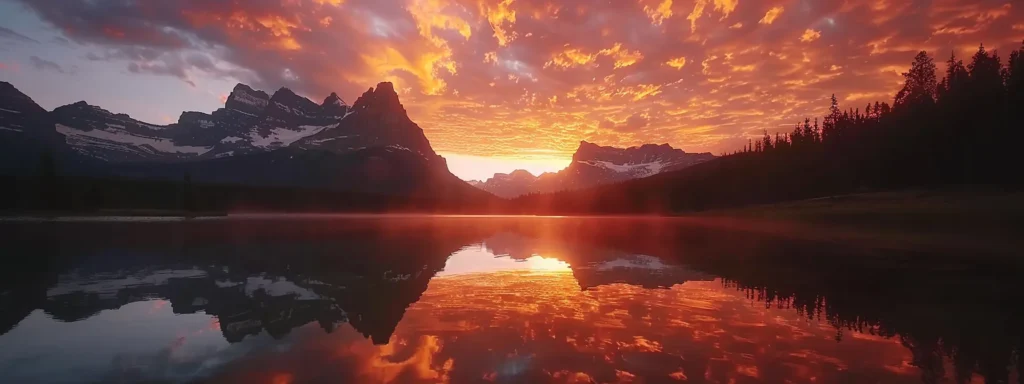 a breathtaking sunset illuminates a tranquil lake, reflecting vibrant hues of orange and pink, with majestic mountains silhouetted against the fiery sky.