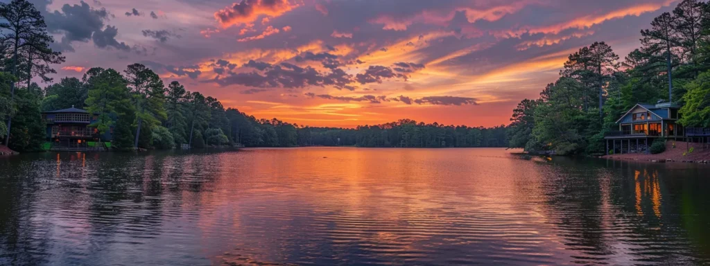 a breathtaking sunset illuminates a serene lake, with vibrant hues of orange and pink reflecting off the glassy water beneath a dramatic sky filled with wispy clouds.