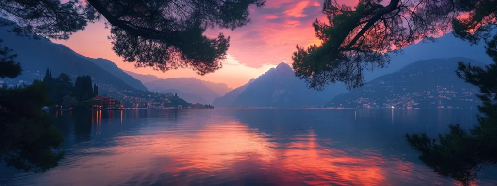 a breathtaking sunset over a serene lake reflects vibrant hues of orange and pink, with silhouetted pine trees framing the tranquil water.