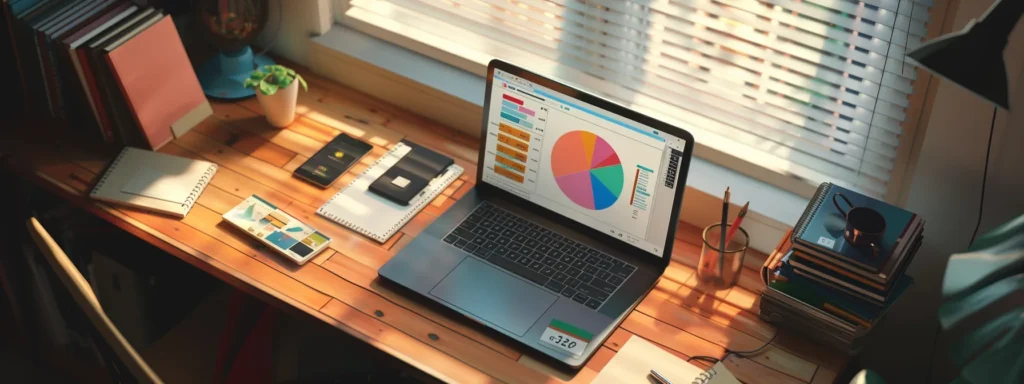 a captivating flat lay scene featuring an open laptop displaying a colorful pie chart of monthly costs, surrounded by sleek seo software boxes and insightful analytics reports, all illuminated by soft, natural lighting.