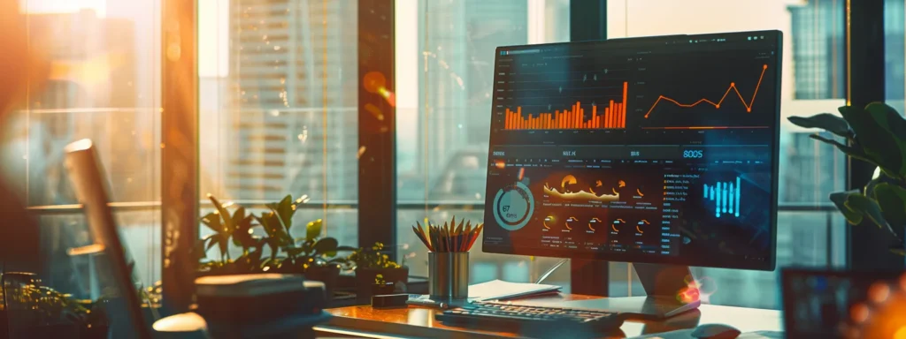 a captivating scene displaying a sleek, modern workspace illuminated by warm natural light, featuring a high-tech computer screen showcasing vibrant analytics and graphs that symbolize cutting-edge seo ai software in action.