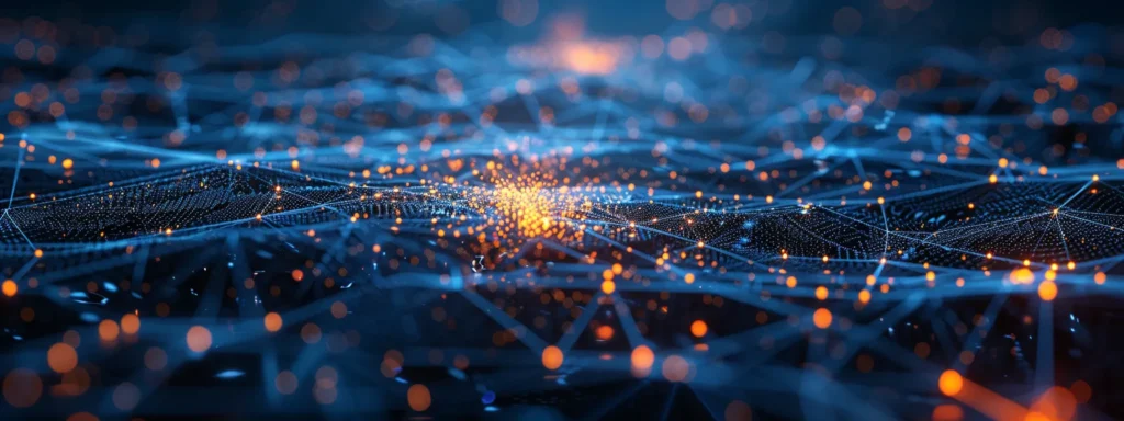 a dynamic digital landscape featuring a glowing network of interconnected data points and algorithms, symbolizing the vibrant role of ai in enhancing seo strategies and content optimization.