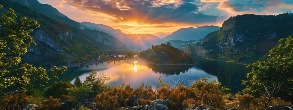 a majestic landscape features a vibrant sunset illuminating a tranquil lake surrounded by lush, towering mountains, creating a serene and breathtaking atmosphere.