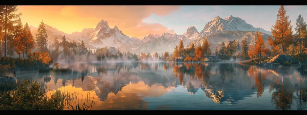 a majestic sunrise bathes a tranquil mountain lake in golden hues, reflecting the towering peaks and vibrant trees that surround it.