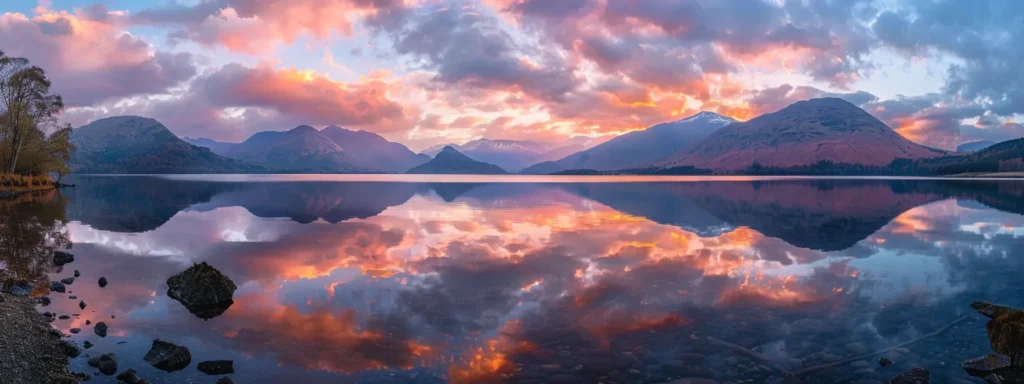 a mesmerizing sunset casts vibrant hues of orange and pink across a tranquil lake, reflecting the serene beauty of nature's canvas.