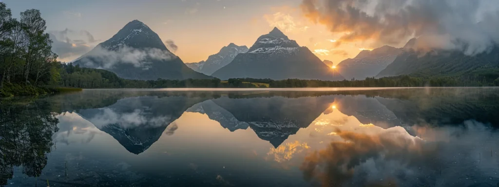 a radiant sunrise illuminates a tranquil lake surrounded by majestic mountains, their reflections perfectly mirrored on the still water's surface, creating a serene and breathtaking landscape.