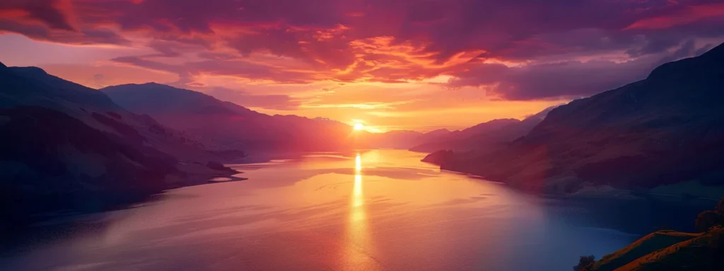 a radiant sunset casts golden hues over a tranquil lake, the sky ablaze with vibrant oranges and purples, reflecting the serene beauty of nature's twilight.