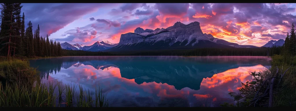 a radiant sunset casts golden hues over a serene lake, with majestic mountains silhouetted against the vibrant sky, creating a breathtaking and tranquil landscape.