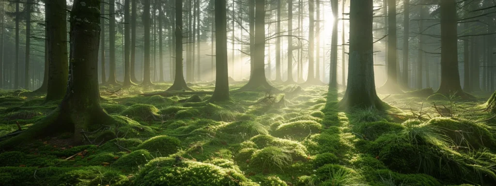 a serene fog-laden forest emerges at dawn, with ethereal light filtering through towering ancient trees, casting soft shadows on a carpet of vibrant green moss.